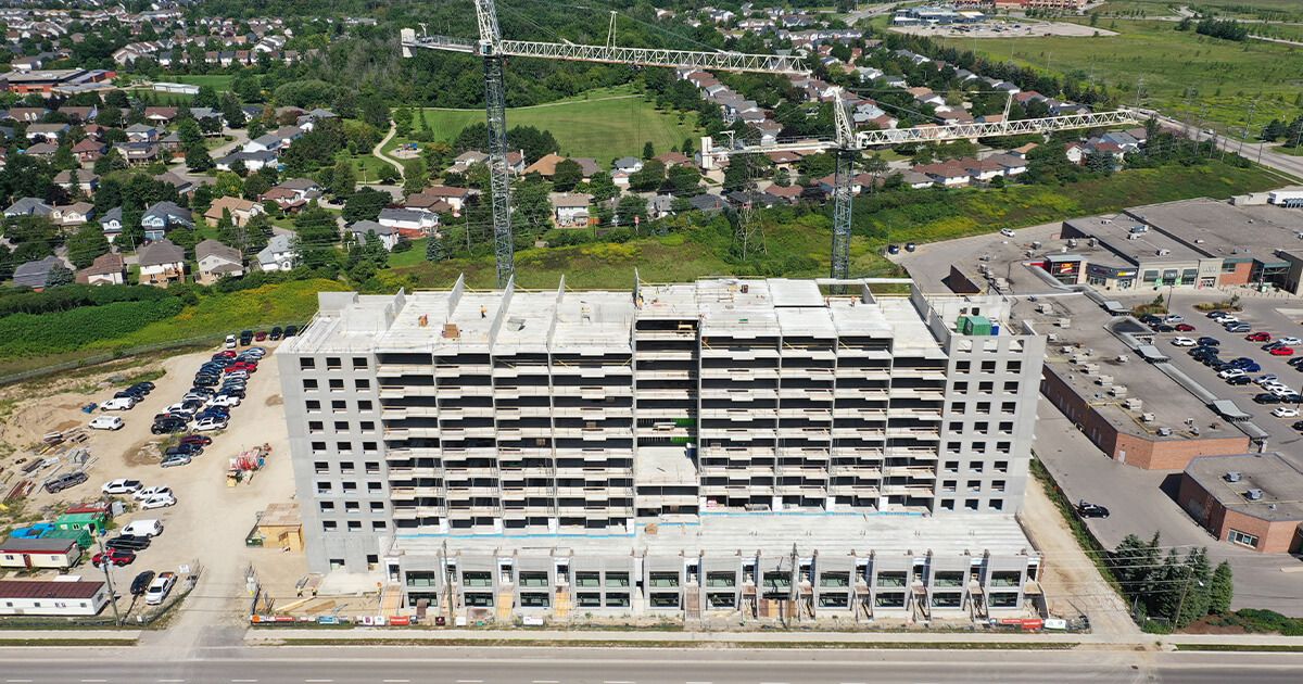 Aerial view of building construction made with hollowcore precast slabs.